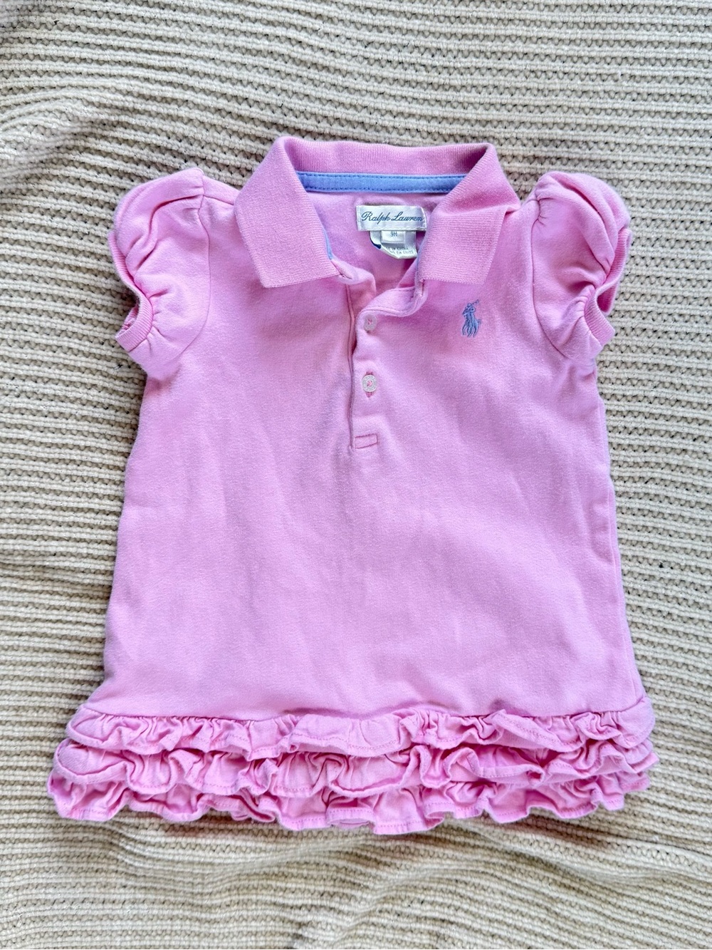 Ralph Lauren Baby Girl Pink Polo Dress Ruffle Hem Puffed Short Sleeve Size 9M